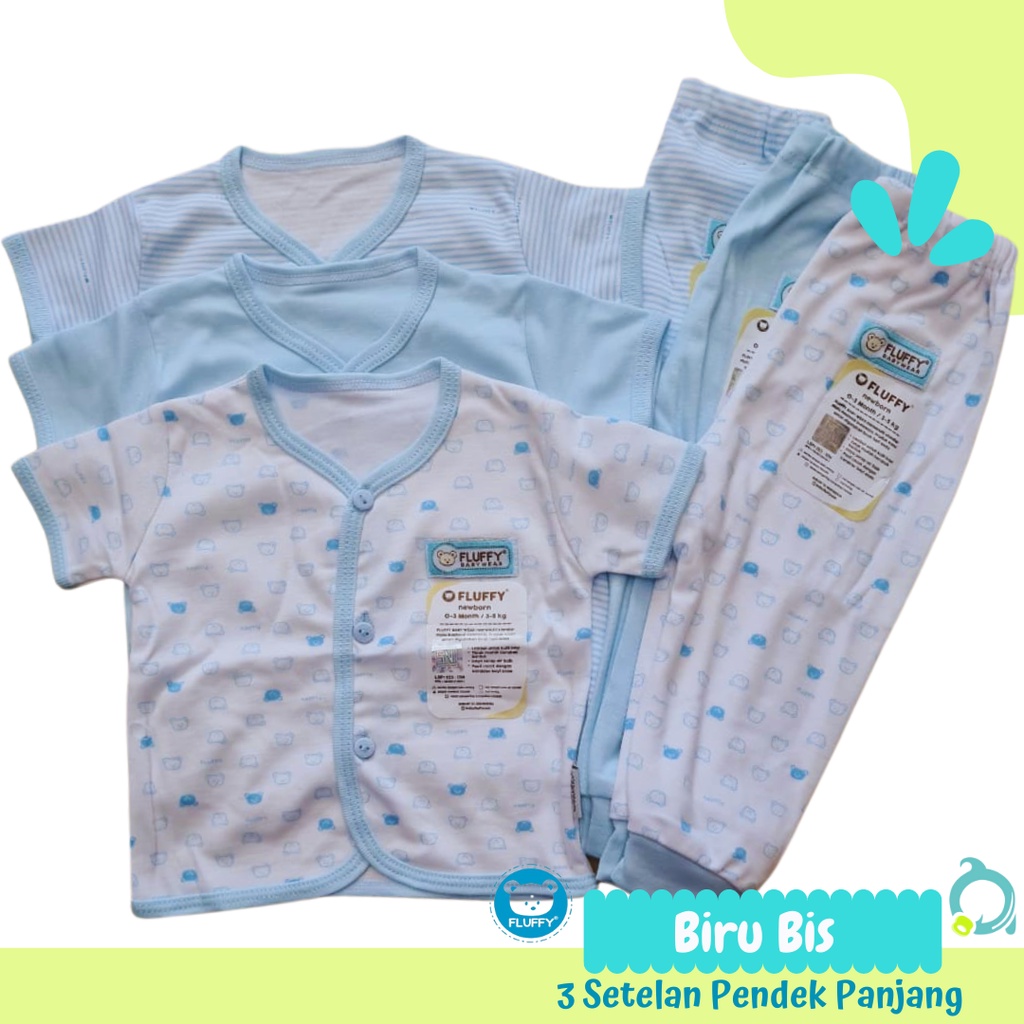 FLUFFY Biru Bis / Neci 3 Setelan Pendek Panjang ( 3 Baju 3 Celana) Baju Bayi Baru Lahir / Newborn