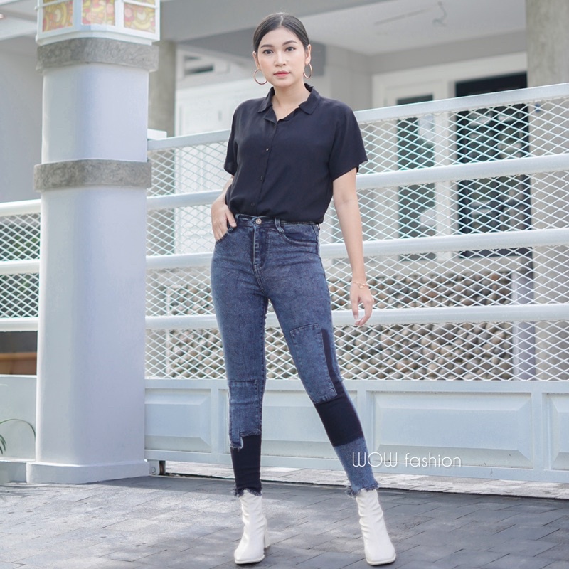 WOW-Mulan Celana Jeans  Highwaist Celana Jeans 7/9//Celana Wanita// Celana Kombinasi Wanita