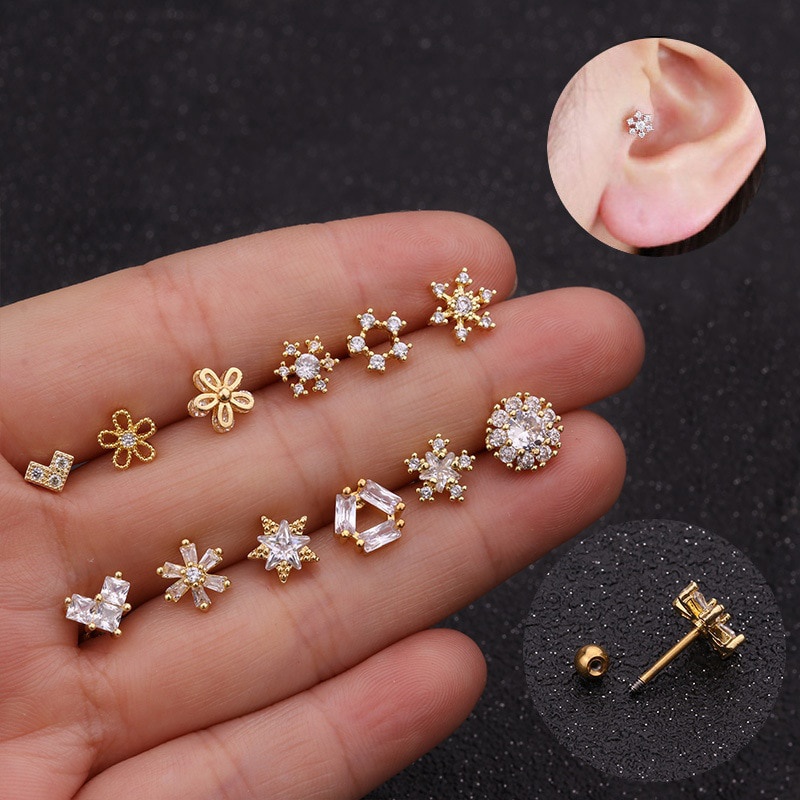 Flower Heart Crown Snowflake Cz Ear Studs Helix Piercing Cartilage Earring Conch Rook Tragus Stud Ear Piercing Jewelry