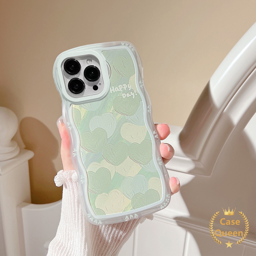 Case Oppo A17 A57 2022 A54 A7 A16 A15 A5s A53 A33 2020 A16s A12 A3s A17K A15s A11K A35 A12e A32 Lukisan Cat Minyak Hijau Love Hati New Wavy Edge Pelindung Kamera Soft Cover