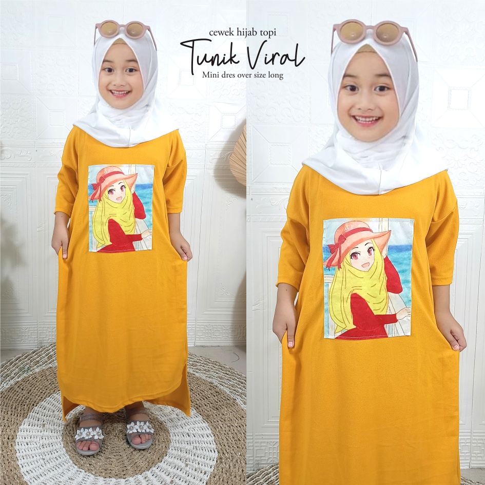 Gamis Anak Viral Mini Dress Over Size Long Tunik Cewek Hijab Topi CF Kids