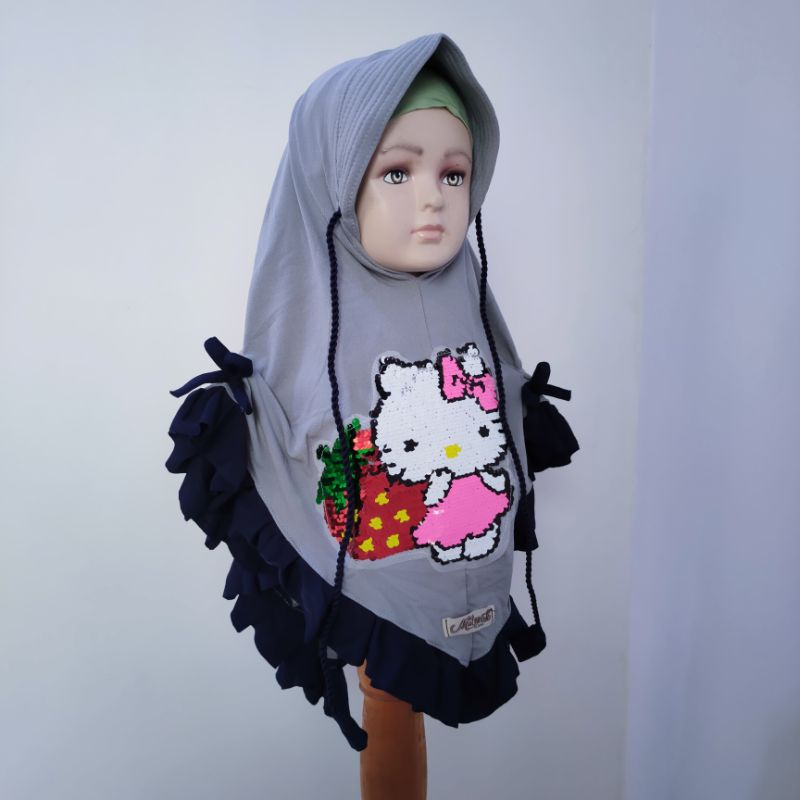 Jilbab Anak 4 5 6 7 8 9 tahun motif hellokitty kerudung rempel lucu lampu tali renda bahan kaos jersey HK scraft pita