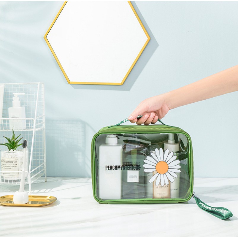 Tas Make Up Pouch Kosmetik Transparan Daisy Flower Waterproof Toiletries Travel Bag Wanita Anti Air