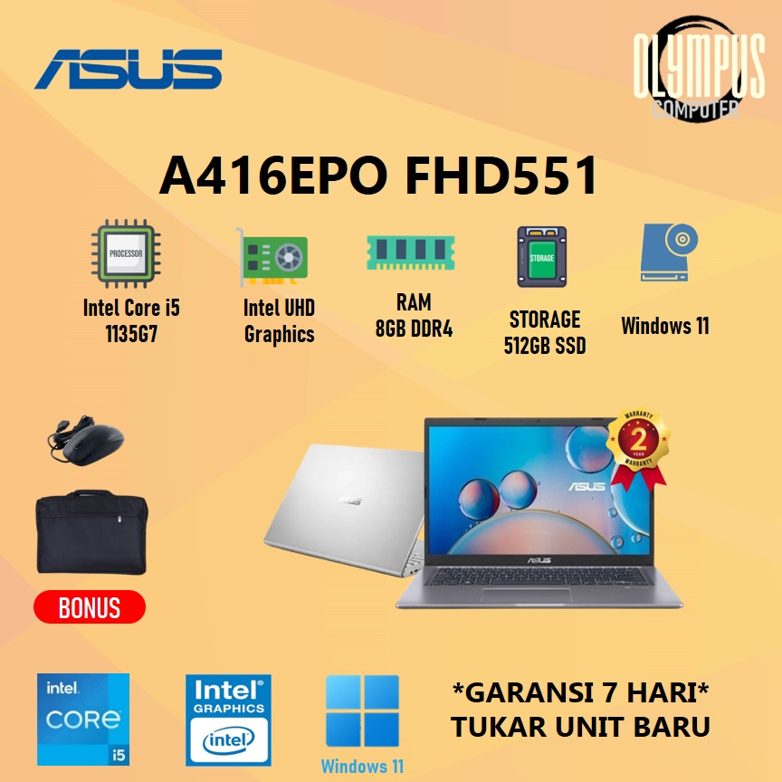 Laptop Asus Vivobook A416EPO FHD551 i5 1135G7 8GB 512SSD W11+OHS 14.0FHD