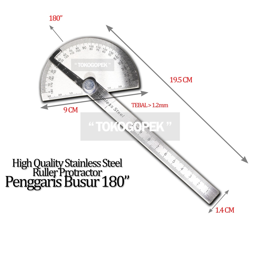 RULLER PROTRACTOR 180'' STAINLESS STEEL - PENGGARIS SIKU BUSUR TUKANG