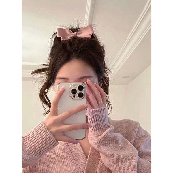 JEPIT RAMBUT PITA PINK MERAH MUDA ELEGAN SATIN SILK KAIN MUTIARA PEARL RIBBON HAIRCLIP BESAR SOFT COLOR WARNA PASTEL HAIR SNAP AKSESORIS ACCESSORIES PIN KOREA PRINCESS STYLE