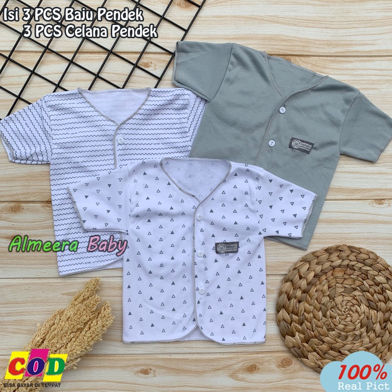 Bahan Katun TC 6 PCS Baju Bayi Lengan Pendek Celana Pendek Bayi Baru Lahir Serian Abu Kualitas Premium