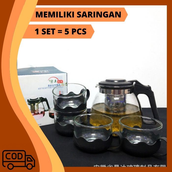 Jual TEA POT SET 5 IN 1 BAHAN KACA TEKO SARINGAN TEH DAN GELAS CANGKIR