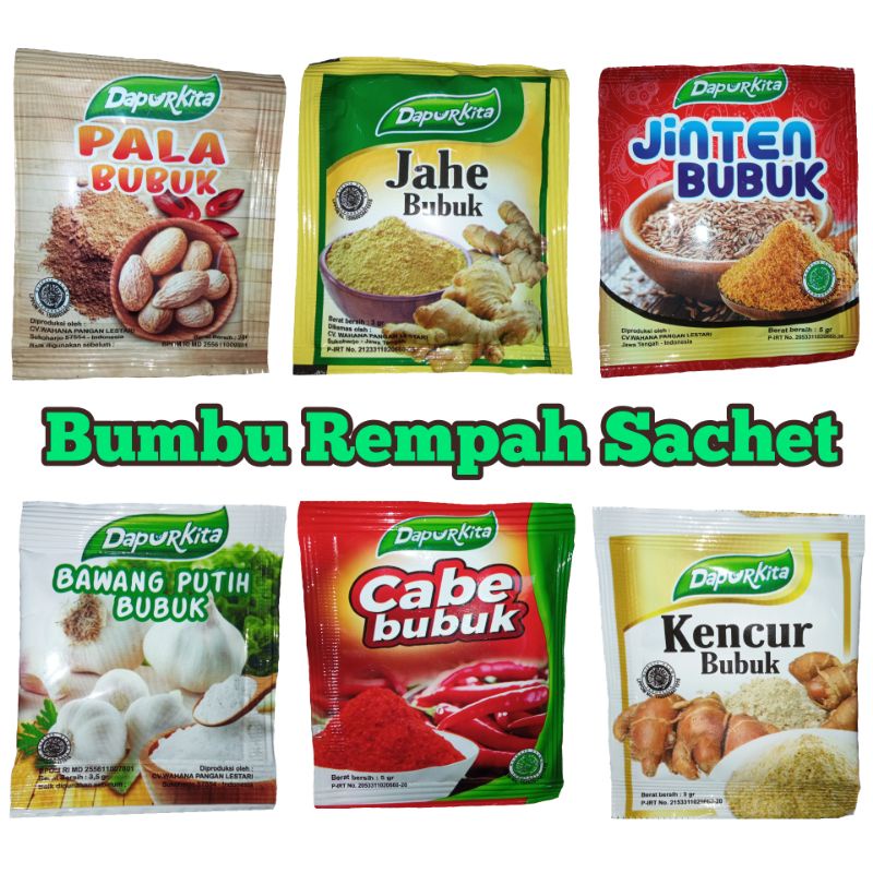 

BUMBU REMPAH SACHET - Bawang Putih, Cabe, Kencur, Jinten, Jahe, Pala, Ketumbar, Kemiri, Salam, Serai, Kunyit, Kayu Manis Bubuk