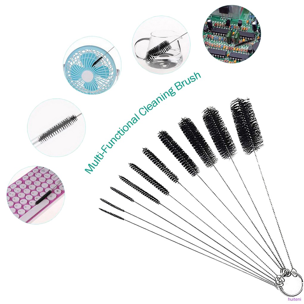 10pcs/set Nylon Brush Multi-Functional Cleaning Tools Drink Straws Sewing Machine Cleaning Brush, Black  huiteni