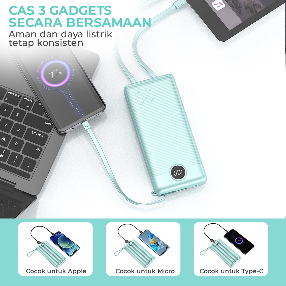 MOFIT M26 Powerbank 20000mAh Build in Cable + Fast Charge 2.4A Real Capacity