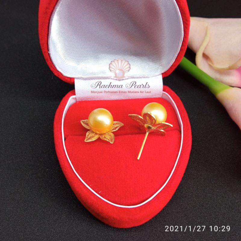 Giwang bunga kendary kendari kenari mutiara air laut warna gold asli lombok cantik emas 22k 916%