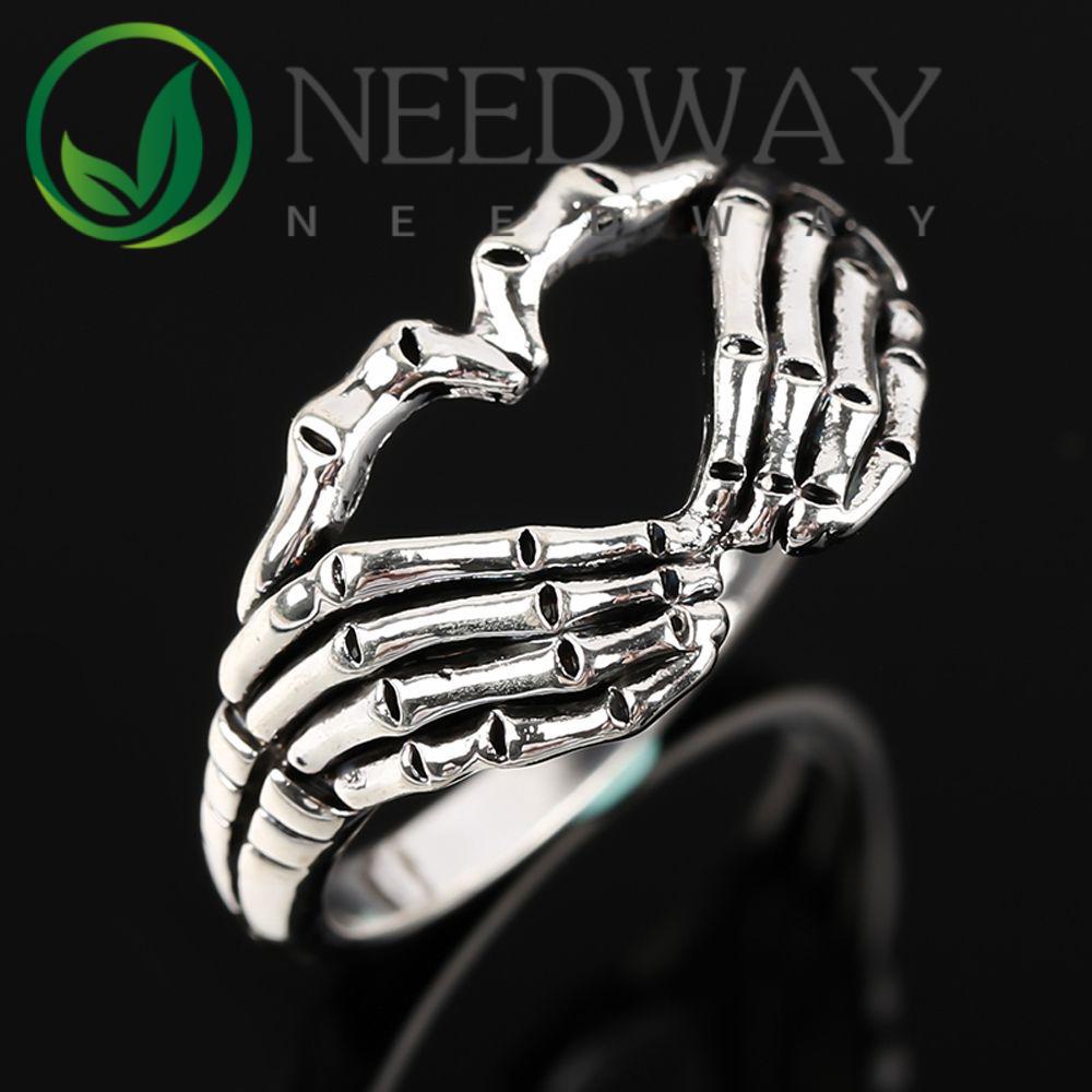 Needway  Hollow Korean Style Ring Creative Silver Plated Men Finger Ring Punk Couple Gothic Unisex Multi Size Vintage Hand with Heart