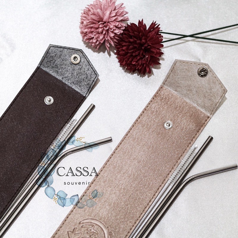 STAINLESS STRAW WITH POUCH ADA EMBOSS - SOUVENIR PERNIKAHAN MURAH/ SOUVENIR SEDOTAN