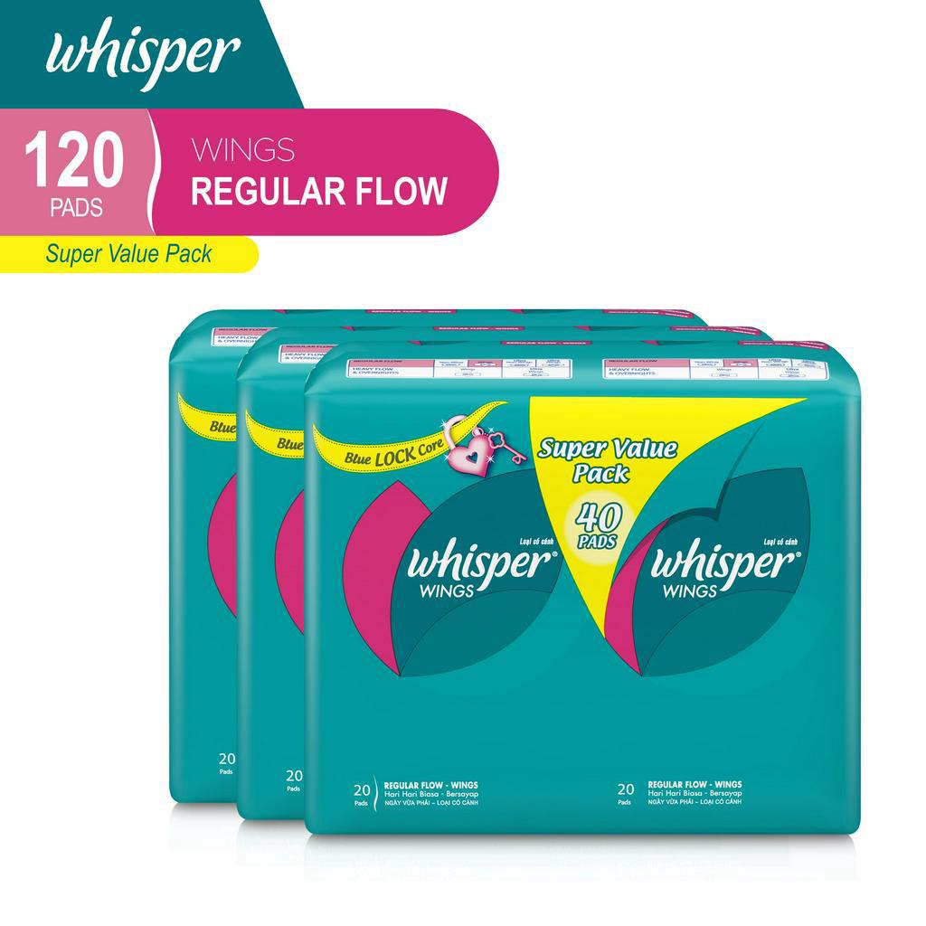 (Original) Whisper Pembalut Sanitary Pads Regular Flow Wings Isi 40 Paket Isi 3 Exp Lama Termurah