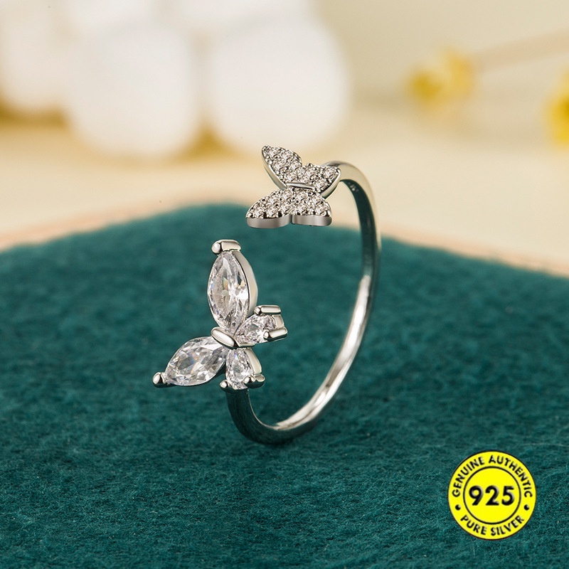 Cincin Model Terbuka Desain Double Butterfly Bahan S925 Silver Aksen Zircon Untuk Wanita