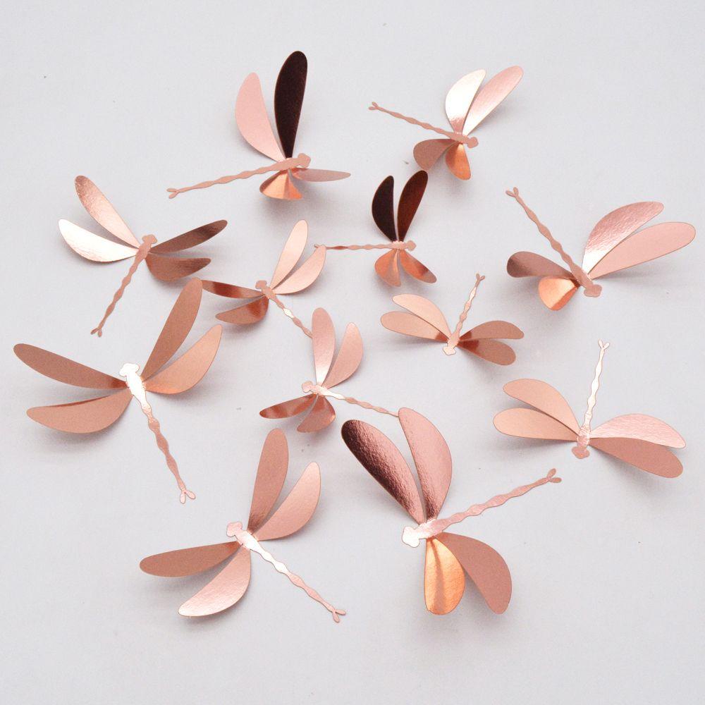 Populer 12 Pcs 3D Capung Stiker Emas Perak Rosegold Pesta Pernikahan Berkebun Ornamen Dinding Decals