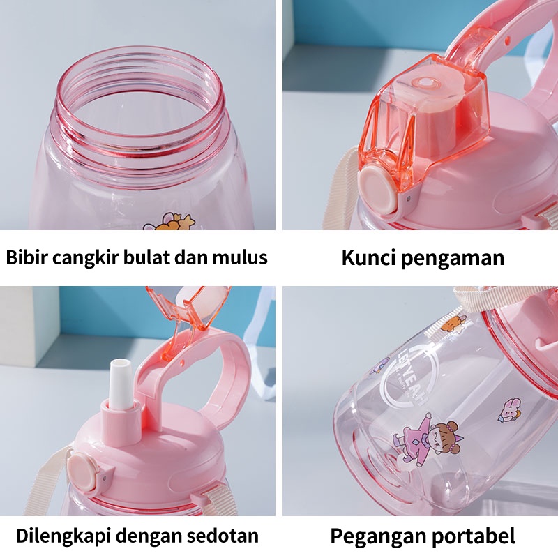 Letyeah &amp; Anantagt Botol minum anak dengan sedotan tali kapasitas besar transparan 1300ml free stiker