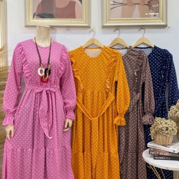 Gamis polkadot rempel 2 susun ruffle dada lengan smoked tali pinggang bahan voxy premium merk latin 