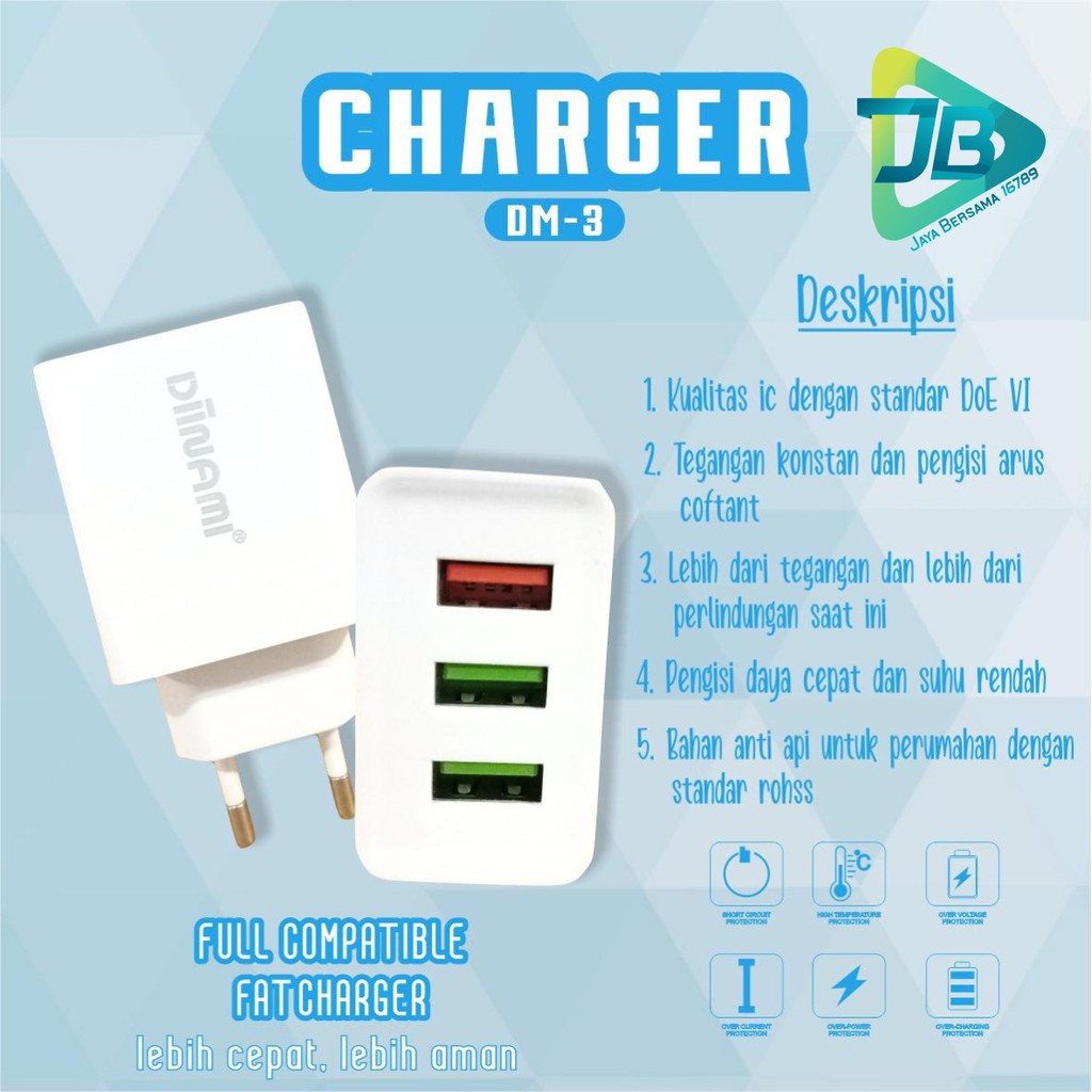 BM101 ADAPTOR BATOK CHARGER DIINAMI DM-3 3USB PORTS QUALCOM android &amp; iPhone garansi 1tahun JB4771