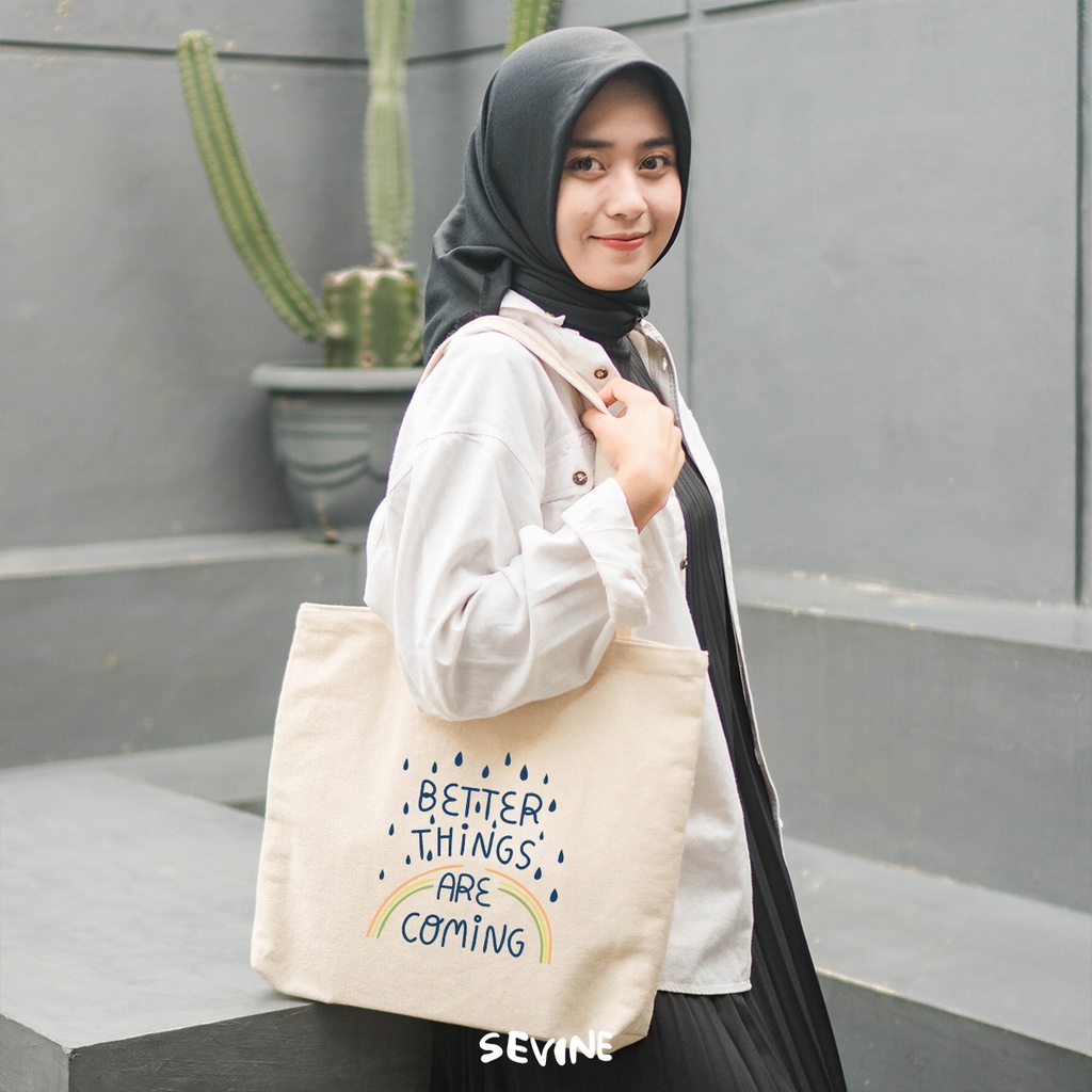 Sevine Tote Bag Kanvas Emily Resleting Kantong Tas Laptop Wanita Kuliah Sekolah Fashion Totebag Kerja Quotes Cute Rainbow Aesthetic - RF