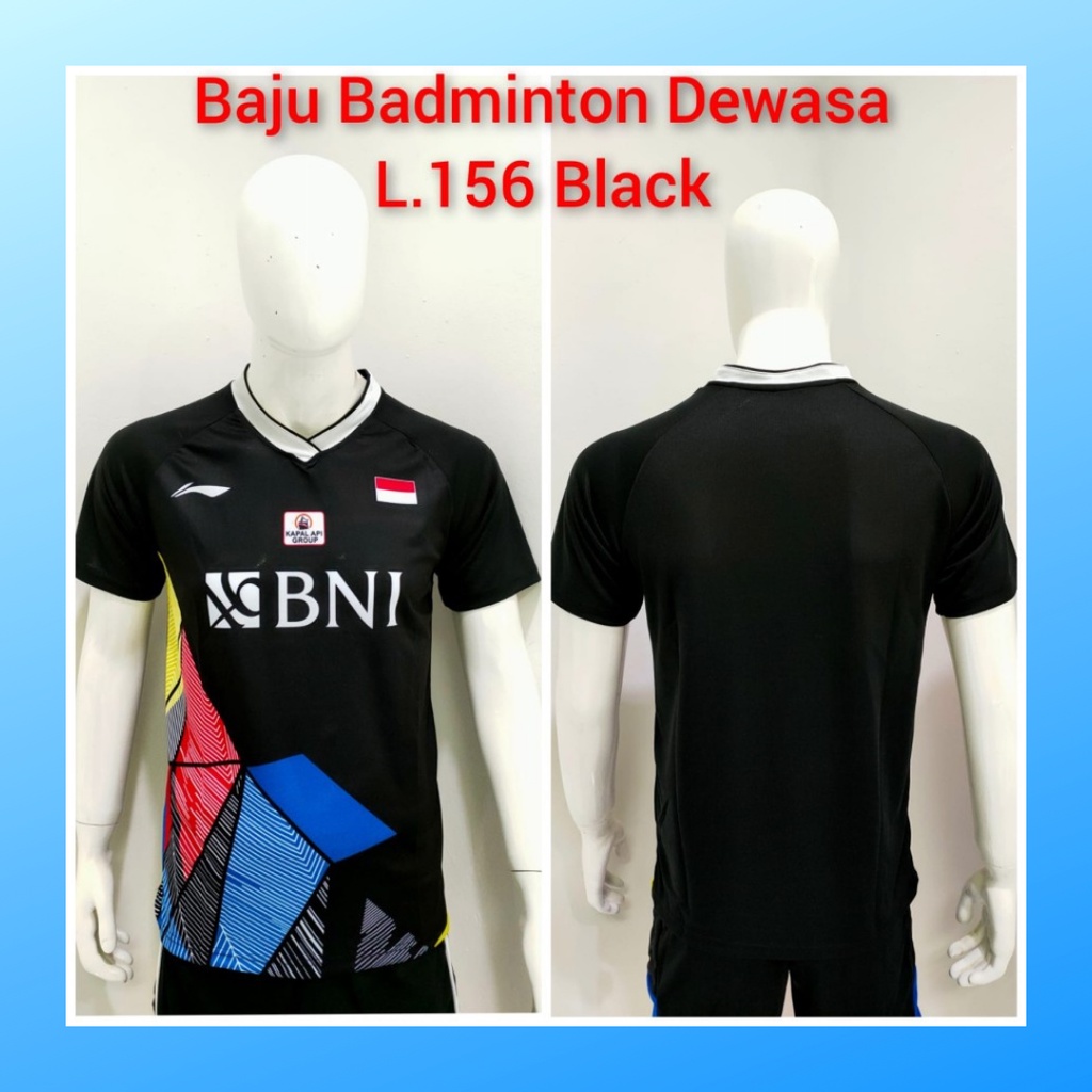 Kaos badminton pria jersey bulutangkis baju atasan jersy wanita dewasa t-shirt outfit seragam kostum olahraga casual suit pakaian jarsey oblong apparel sports jersi bulu tangkis L156 hitam sponsor