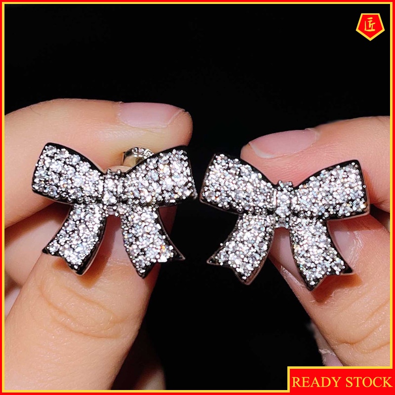 [Ready Stock]Full Diamond Bow Ear Studs Trendy All-Matching