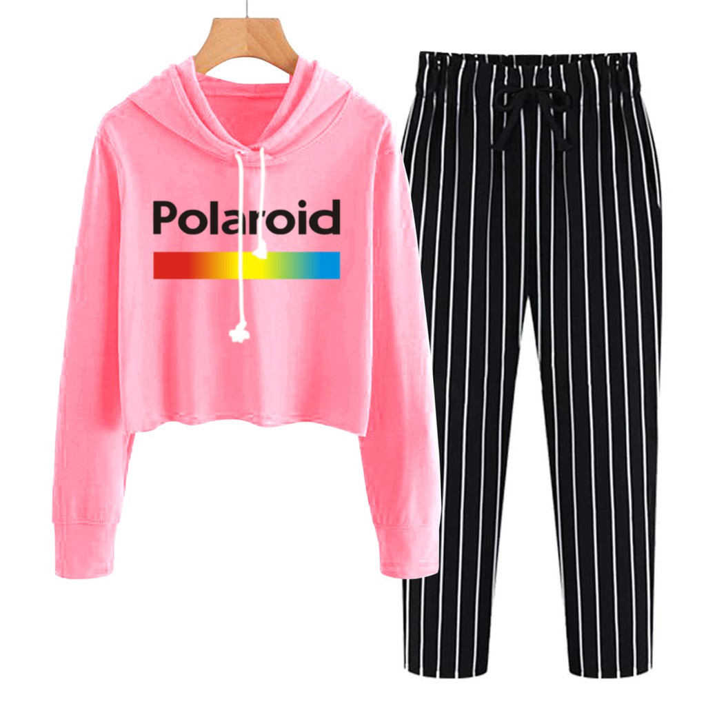 BESS - Baju Setelan Wanita Murah / Setelan Hoodie Crop + Celana Salur Hitam - POLAROID