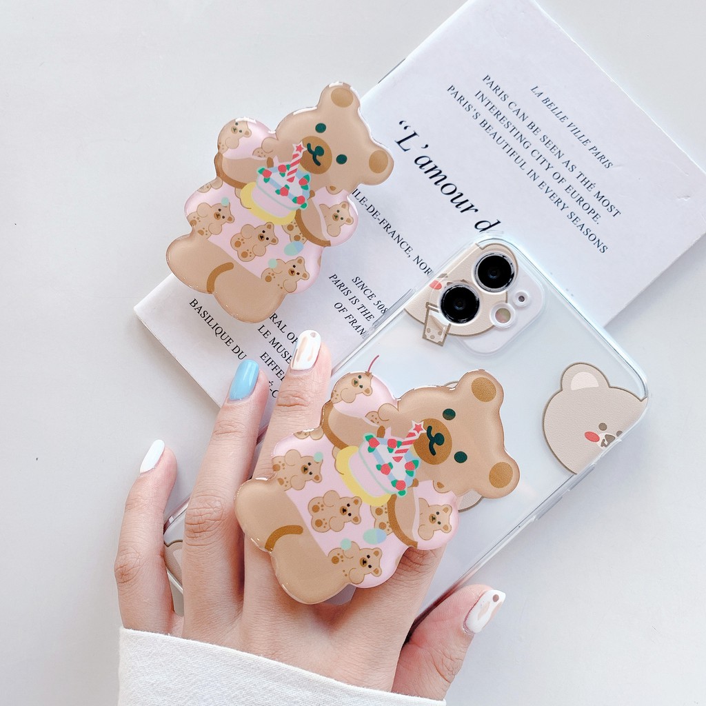 Stand Holder Smartphone Teleskopik Motif Gambar Kartun Beruang Bahan Akrilik Epoxy Gaya Korea