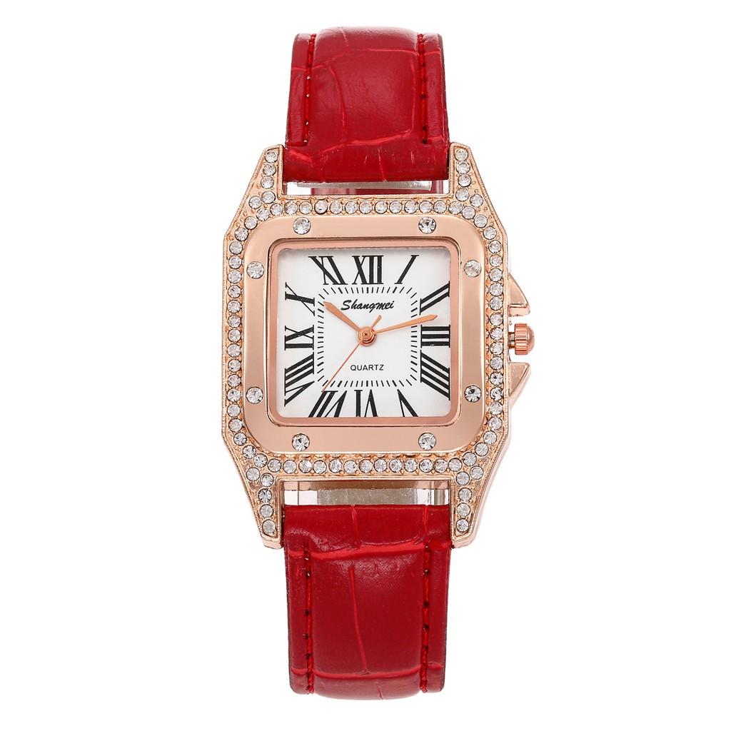 Jam Tangan Quartz Analog Wanita Tampilan RETRO BENTUK KOTAK -Tali Kulit PU-Jam Tangan Wanita-27-3 Merah