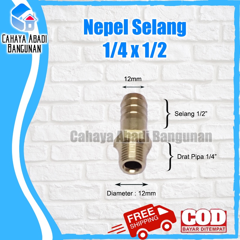 Nepel Selang 1/4 x 1/2 Inch Drat Luar Kuningan Sambungan Hose