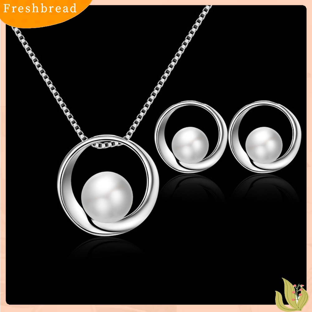 Terlaris Women Faux Pearl Round Pendant Necklace Stud Earrings Wedding Party Jewelry Set