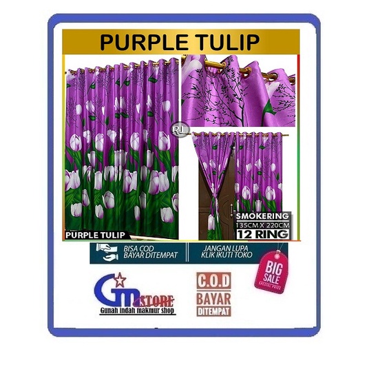 Gorden jendela pintu ruang tamu kamar minimalis tirai hordeng korden panjang murah motif Tulip Ungu 