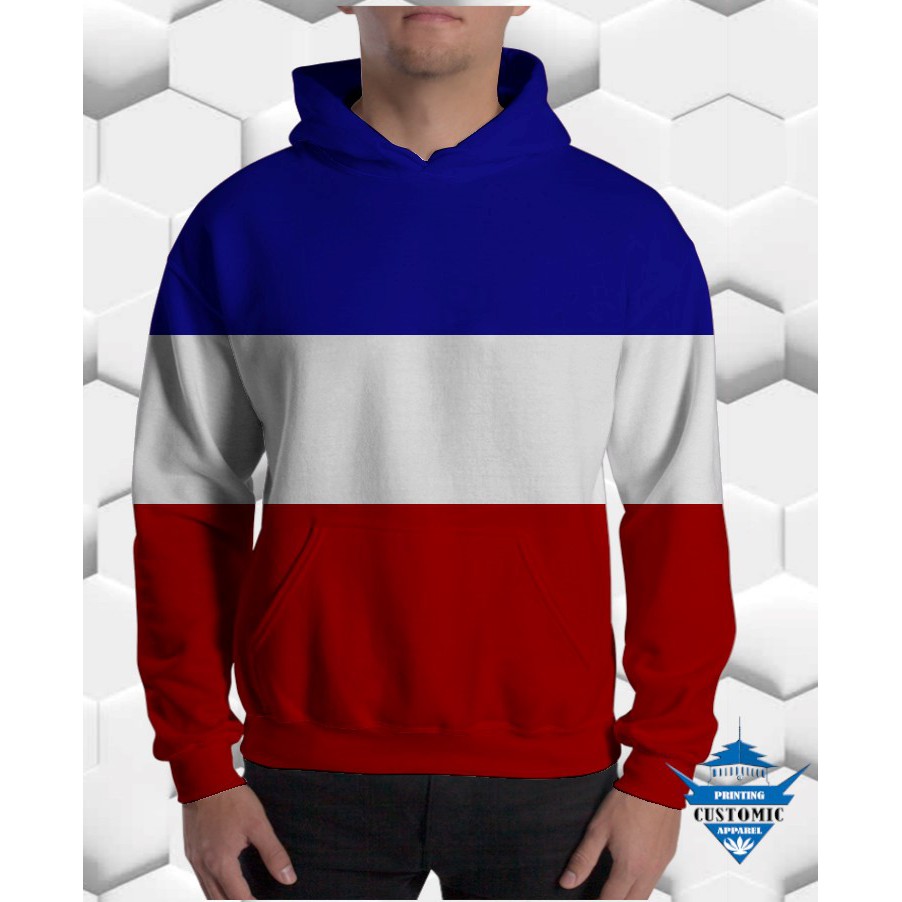 sweater hoodie non jaket polos tricolor biru putih merah
