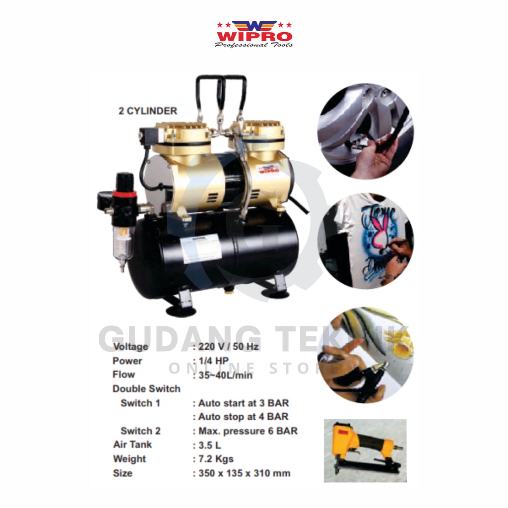 Kompresor Angin Mini Tanpa Oli 1/4 HP 3.5 L WIPRO 5-KD / Mini Air Compressor Otomatis 1/4 HP 3.5 Liter WIPRO 5KD - 2 Cylinder Silinder WIPRO 5 KD