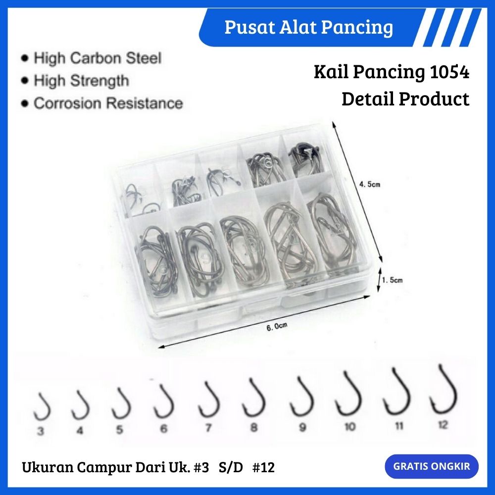 Paket Kail Pacing 1054 Fishing Hook Ten Division No 3-12 Set Mata Kail Pancing Bahan Baja Karbon Dan Stainless Steel