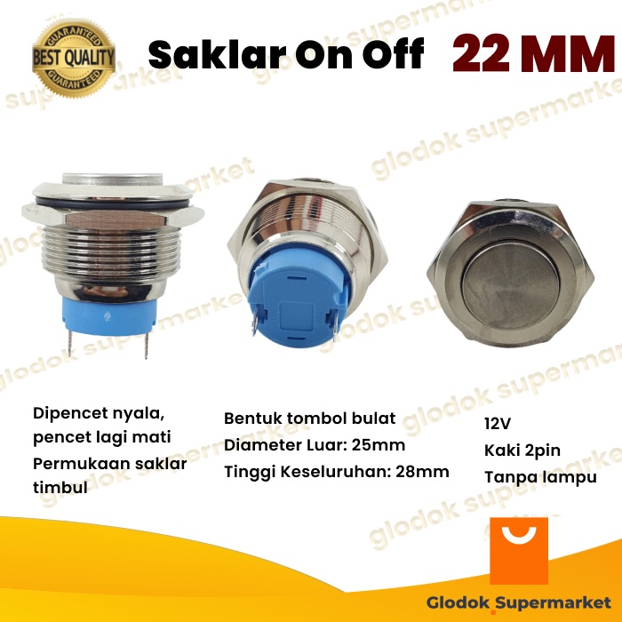 Switch Metal 22mm Push On Off 2 Pin Saklar Stainless 2pin Tombol Self Locking