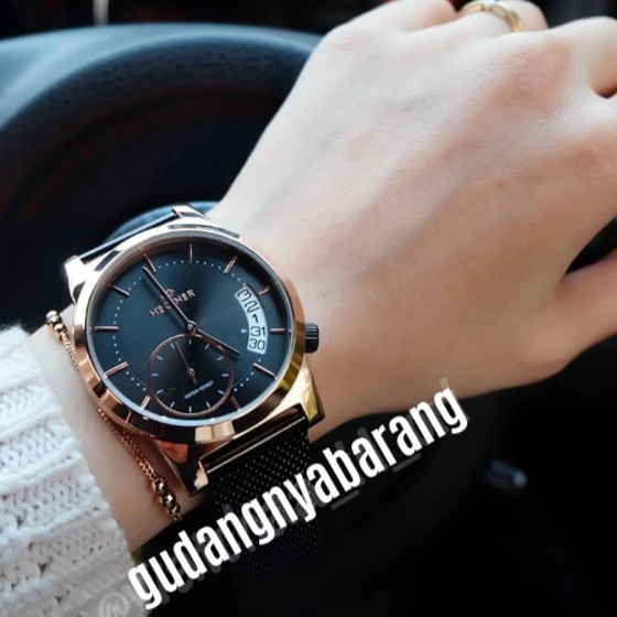 Jam Tangan Wanita - Cewek - Woman Hegner 1628 Stainless Black Hitam Rose Gold Original