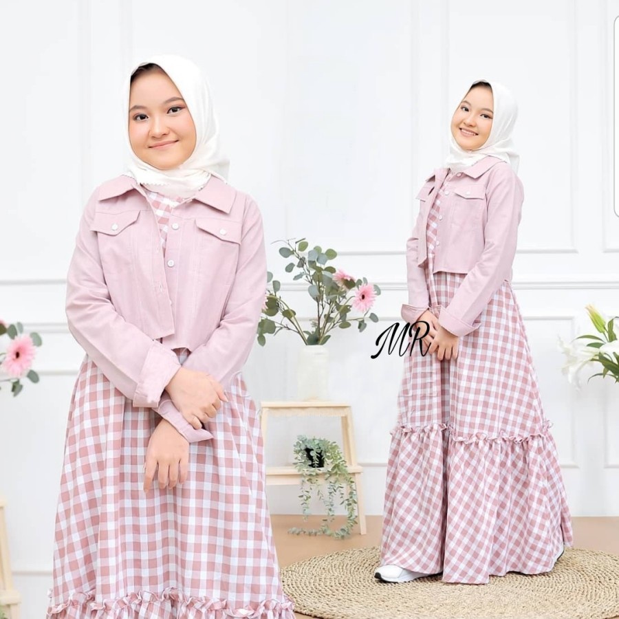 Baju Dress Set Anak Perempuan Usia 7-12 Tahun Dress Set Anak Remaja Kotak Janice Bahan Outer Moscrep