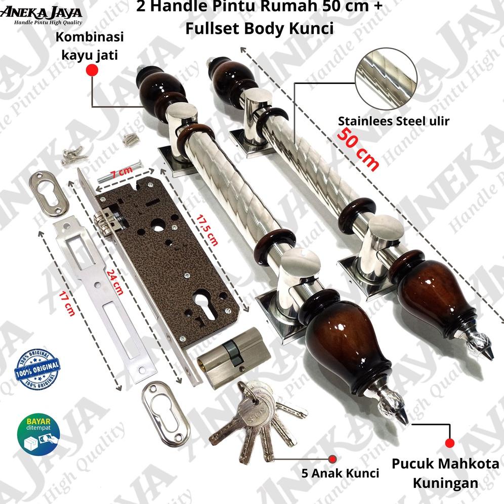 SATU SET KUNCI 2 GAGANG PINTU RUMAH 50 CM / GAGANG PINTU RUMAH / PEGANGAN PINTU SET STAINLEES KAYU T