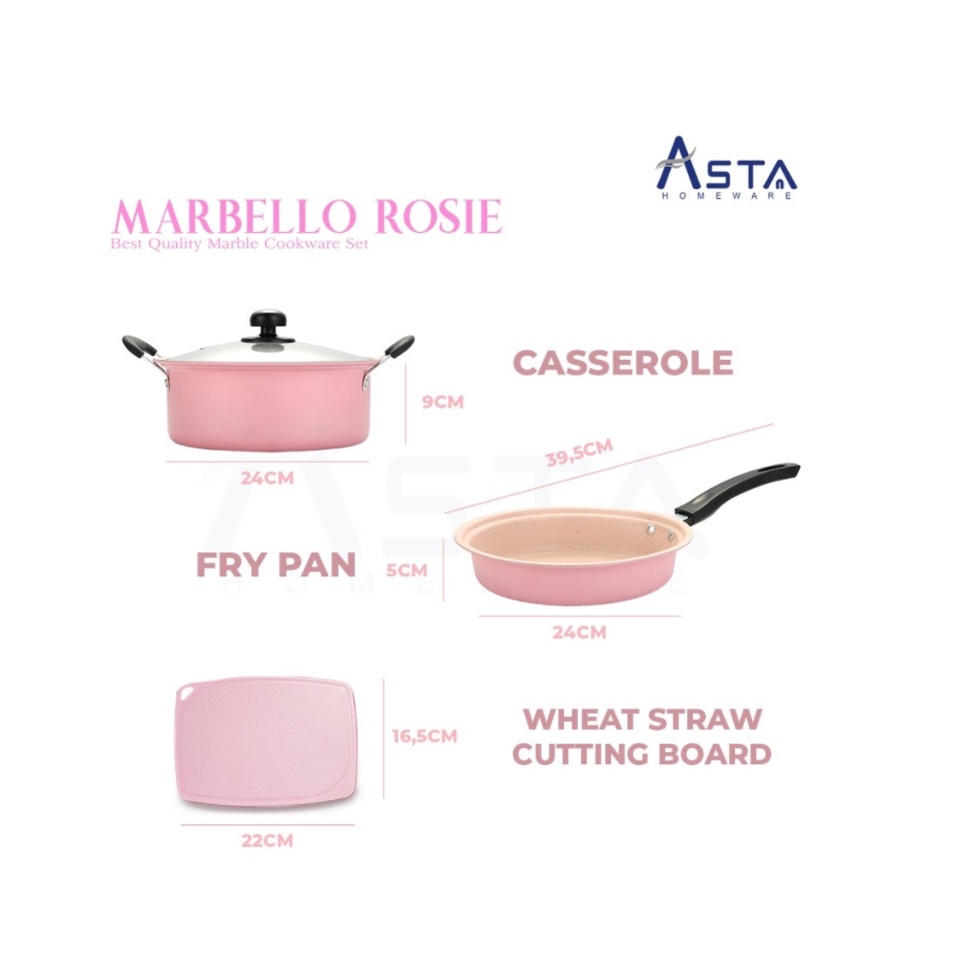 Panci Wajan Frypan Set + Tutup Kaca Anti Lengket Isi 4 PCS Cookware Set Asta Marbello Rosie