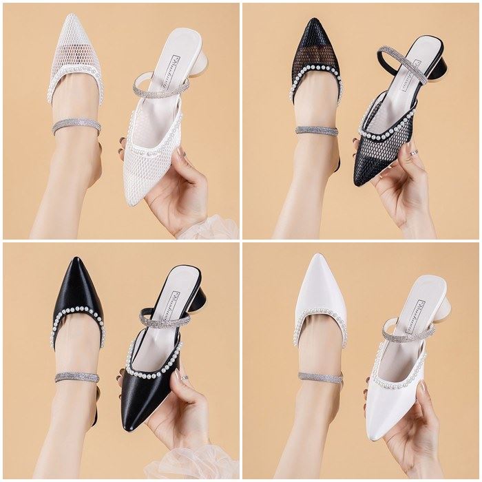 BJS012 - BEIGE/BLACK PU/NET - Sepatu Heels Pesta Wanita Elegan Impoirt 5CM SEPATU PESTA WANITA HIGH HEELS SEPATU HAK JARING MUTIARA PEARL ADA TALI FASHION IMPORT TERMURAH TERLARIS TERBARU BAGSTORE JAKARTA JSH012