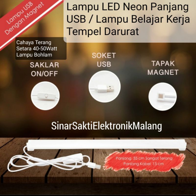 Lampu LED Neon Panjang USB Lampu Belajar Kerja Tempel Darurat Portable