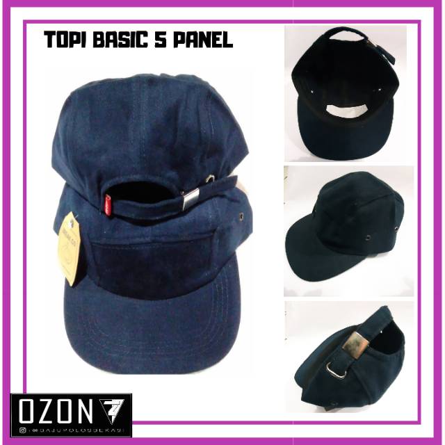 Topi Distro Pria/Topi Polos Snapback/Topi 5 Panel Bahan Rapel Hitam