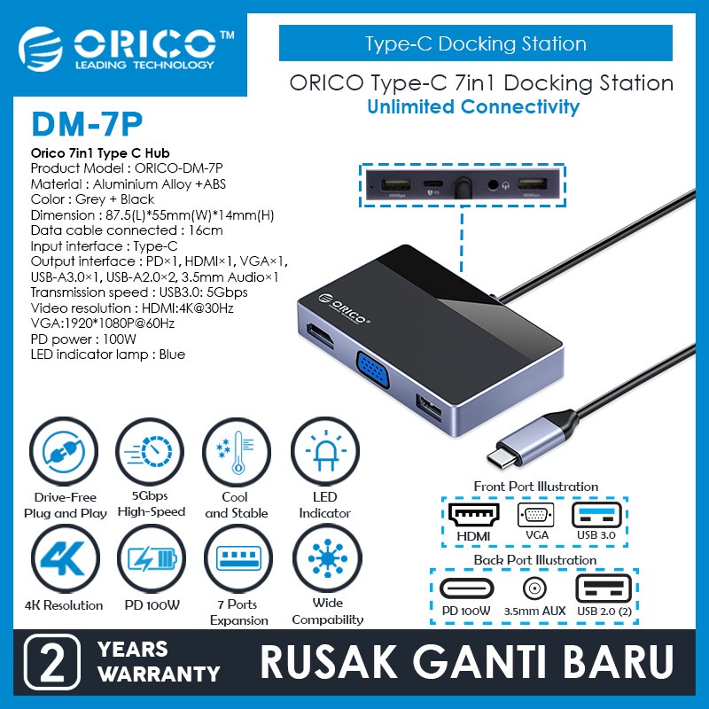 Orico 7in1 Type C Hub USB 3.0 2.0 PD 100W HDMI 4K 30Hz VGA AUX