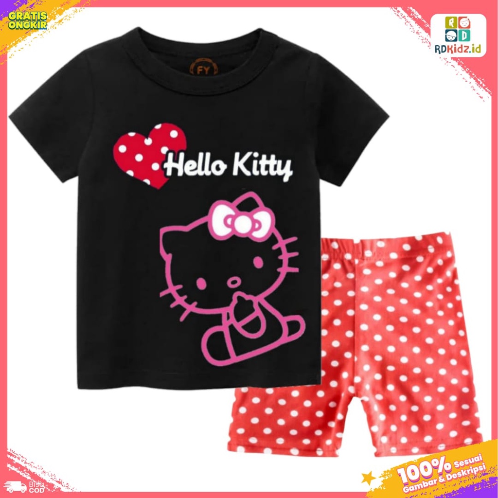 Rdkidzid Setelan Pendek Anak Perempuan Set Lengan Pendek Anak Cewek Motif Kity Black
