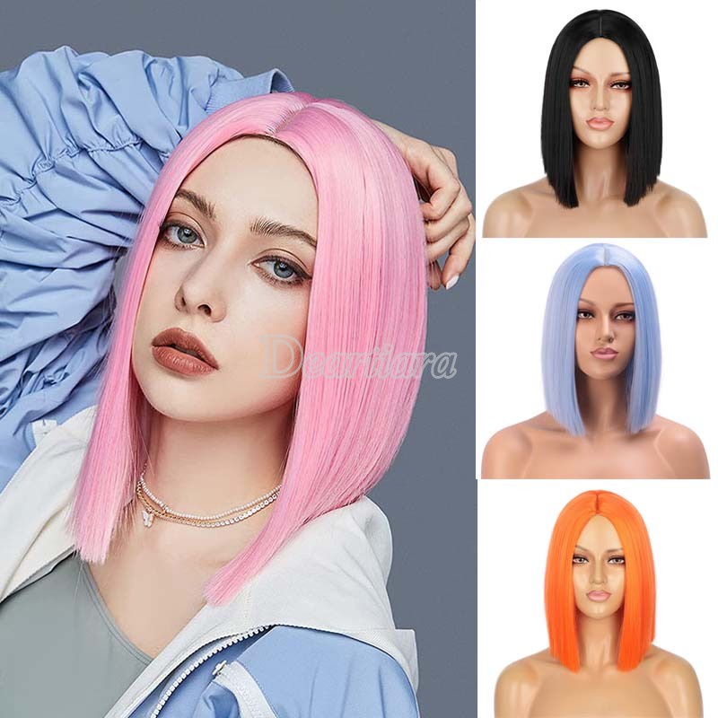 AZUZ.ID Wig Rambut Sintetis Pendek Lurus Dengan Poni Bobo Warna Pink Ungu Untuk Cosplay Wanita