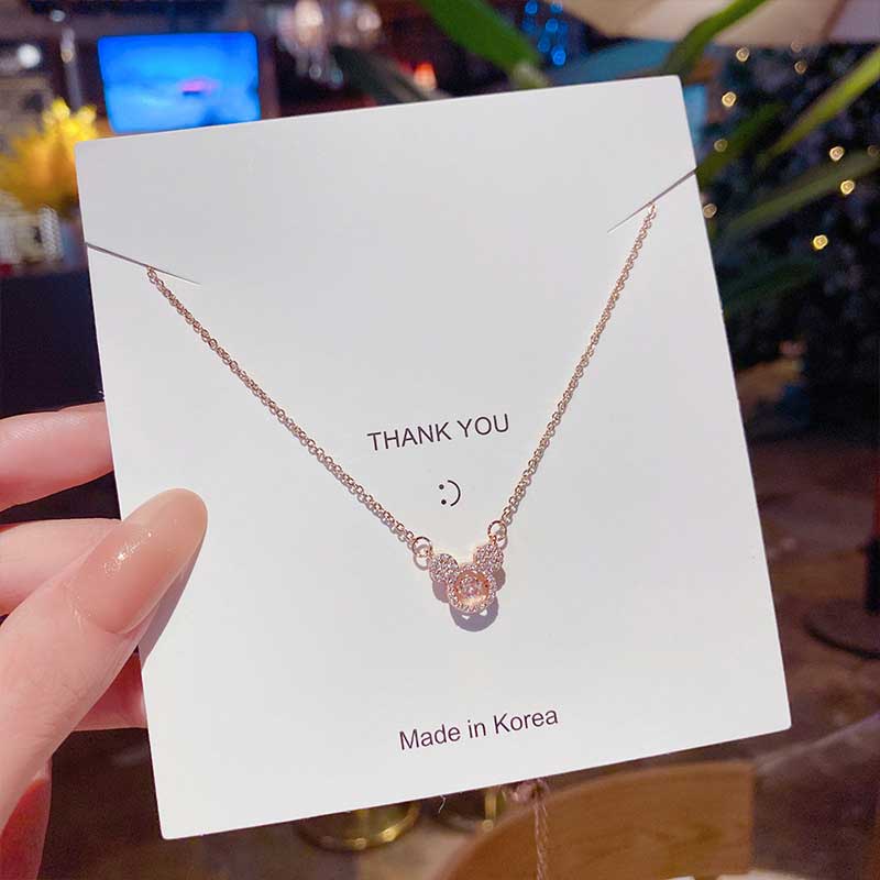 XiaoboACC Kalung Rantai Liontin Mickey Mouse Lapis Emas 18K Hias Batu Zircon Ala Korea Untuk Wanita 38CM+6.0CM