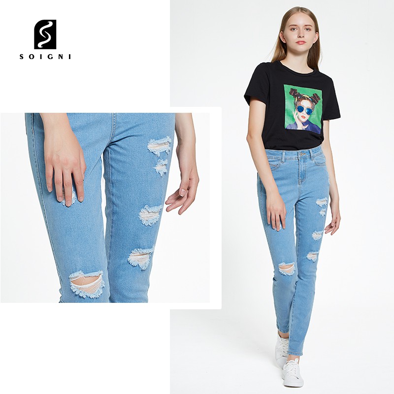 SOIGNI Celana Panjang Cewek Ripped Jeans Wanita Sobek 