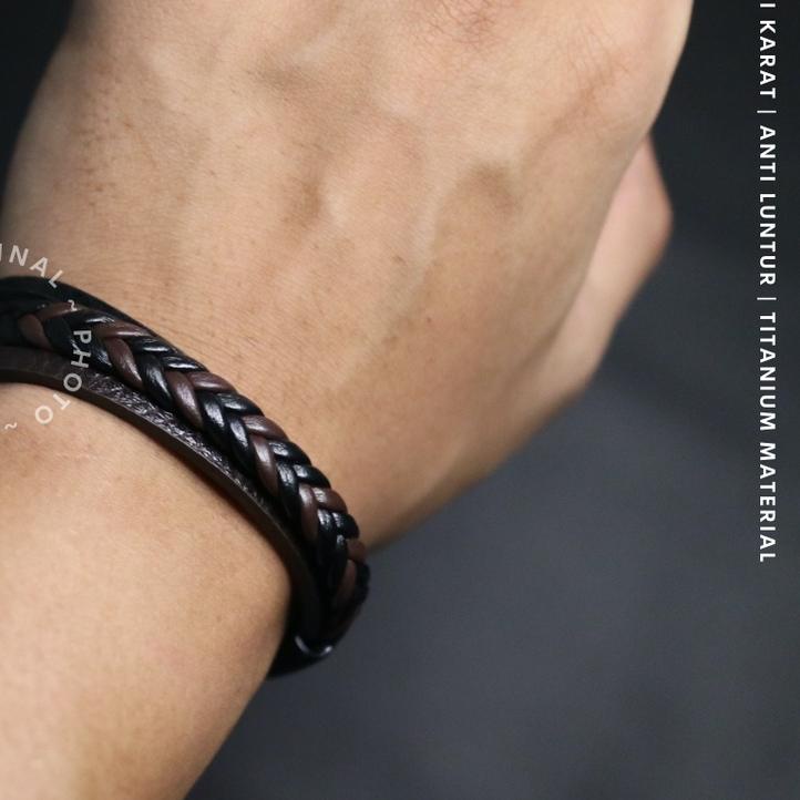 ❉ EXCLUSIVE  BRACELET Gelang Kulit Pria ESPARGARO Titanium Alloy Leather ANTI Karat & Pudar / Gelang